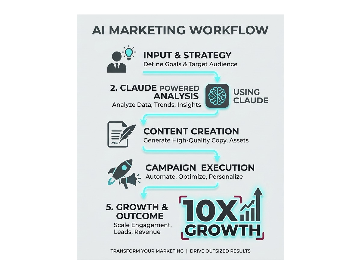 AI Marketing Workflow: Input & Strategy, Claude-Powered Analysis, Content Creation, Campaign Execution, 10X Growth